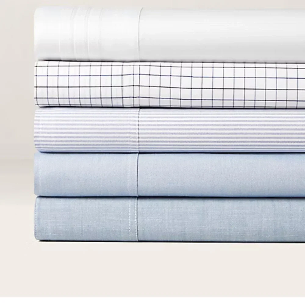 NEW $215 Ralph Lauren Chambray Workshirt queen flat Sheet only Blue cotton